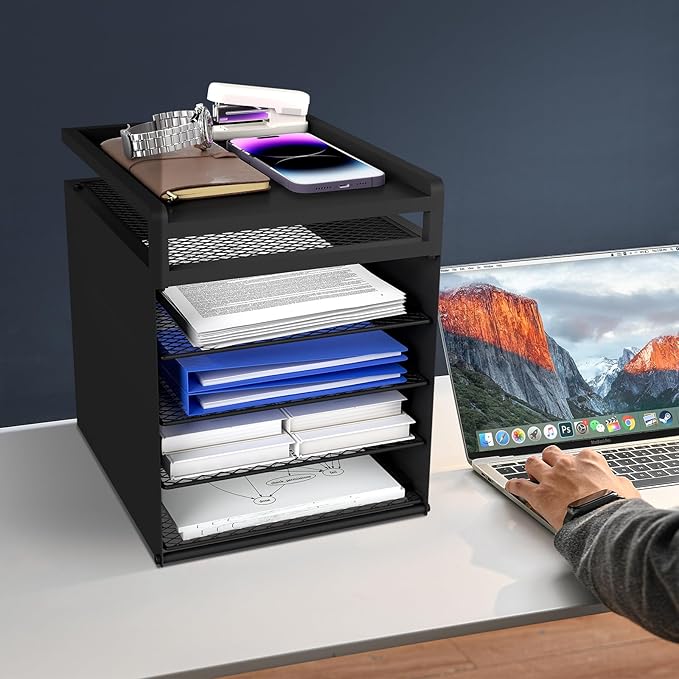 Aothia Desk Organizer with 4 Sliding Trays – Metal File Organizer for Desktop, Hanging Under Desk Organizer and Paper Tray Shelf, Space-Saving Office Document Sorter, Black