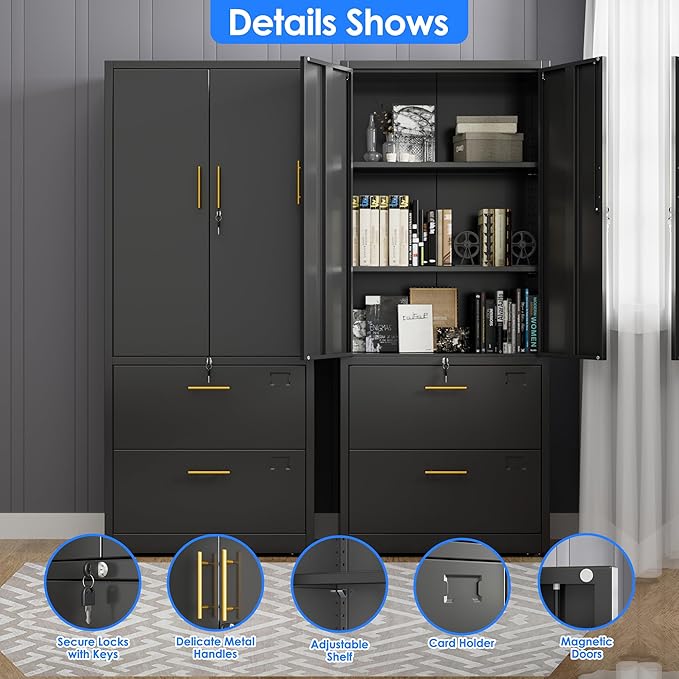2 Drawer Lateral File Cabinet with Lock, Metal Filing Storage Cabinet with Locking Doors and 2 Adjustable Shelves for Home, Office, School, Fits A4/Letter/Legal Size Folders, Assembly Required