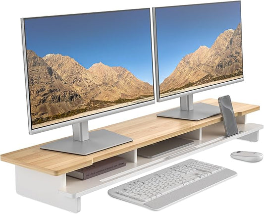 Monitor Stand Dual Monitor Stand Riser for Desk,Wood Desk Shelf Storage Organizer with Phone Tablet Holder (42.5 Inch, White & Natural Bamboo)