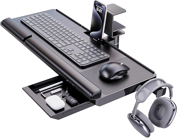 Klearlook Keyboard Tray Under Desk with 360° Rotation, Ergonomic Computer Keyboard & Mouse Tray 25"W×11.02"D Sit Stand Desk Keyboard Holder w/Wrist Rest & Storage Drawer (Height is not Adjustable)