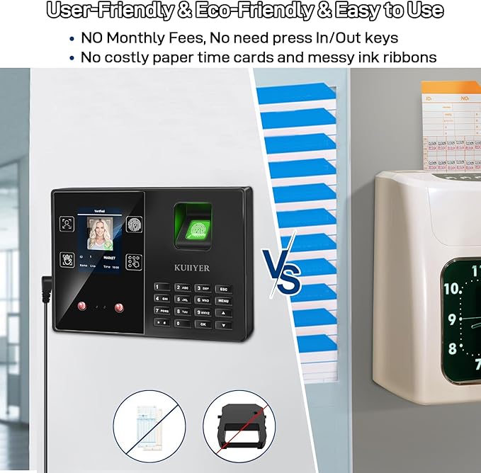 KUIIYER 4 in 1 Employee Time Clocks for Small Business (Face + Fingerprint + Palm Print + PIN) Employee Clock in & Out Machine Attendance Punch Clock