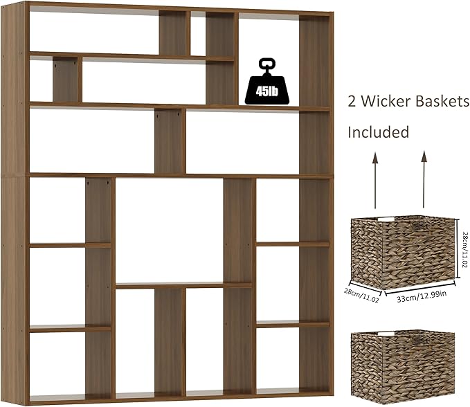BLANKSPACE 71'' H 6-Tier Large Bookcase, Heavy Duty Storage Shelf - Freestanding Organizer for Bedroom 2 Woven Baskets, Home Office, Living Room, Brown Walnut