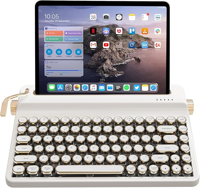 YUNZII QL75 Wireless Typewriter Hot Swap Retro Mechanical Keyboard,Punk Round Keycaps,RGB Backlit QMK/VIA Programmable, Multi-Device Keyboard with 2.4GHz/Type-C/BT5.0 (White, Cocoa Cream V2 Switch)