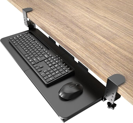 Ergonomic Keyboard Tray Under Desk Pull Out with Adjustable C-Clamp Mount, Slide-Out Computer Keyboard and Mouse Platform Drawer for Office and Home Typing (Black)