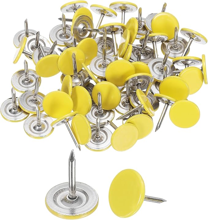 uxcell 120Pcs Push Pins, 11mmx17mm Round Flat Head Decorative Thumb Tacks Upholstery Tacks for Cork Board Office Wall Hangings, Light Yellow