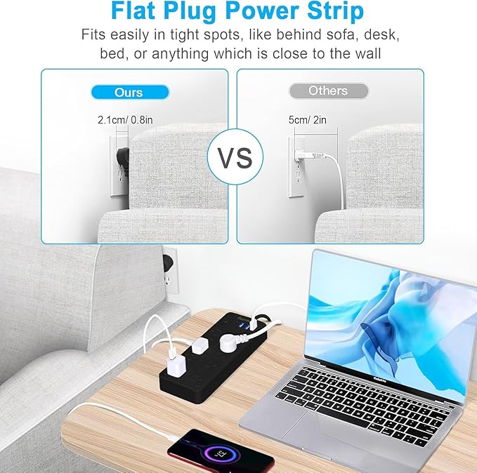 15 FT Power Strips with Surge Protection 1625W/13A,10 Outlets with 4 USB Ports (1 USB C) Long Extension Cord with Multiple Outlets 14-in-1 1700J 16Awg Flat Plug Power Strip Protector Black, ETL Listed