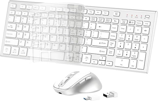 FENIFOX Wireless Keyboard and Mouse, Ergonomic Rechargeable Silent Quiet Slim Compact Full-Size USB C with Number Pad Flat Soft Cover for PC Computer Laptop Mac MacBook iMac TV Windows - Silver White