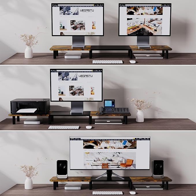 43.7" Extra Long Dual Monitor Stand Riser, Wood & Steel Monitor Stand for 2 Monitors, Wide TV Stand, Desktop Riser for Desk Organization, Home Office、Laptop,Printer,TV (Vintage black)