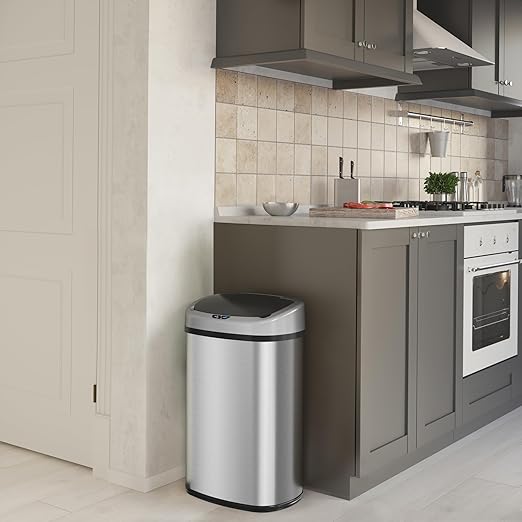 iTouchless 13 Gallon Stainless Steel Kitchen Trash Can with Sensor 2.0 Tech Touchless Lid and AbsorbX Odor Filter, Oval Slim Space-Saving Automatic Garbage Bin for Home, Office, Business, Restroom