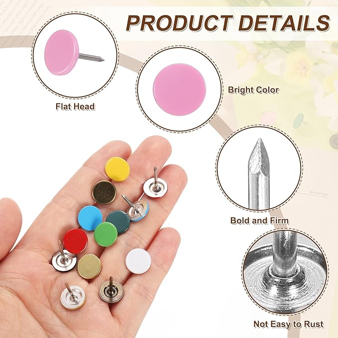 uxcell 100Pcs Upholstery Tacks, 11mmx15mm Flat Head Thumb Tack Decorative Furniture Nails Push Pins for Furniture Sofa Headboards, Pink