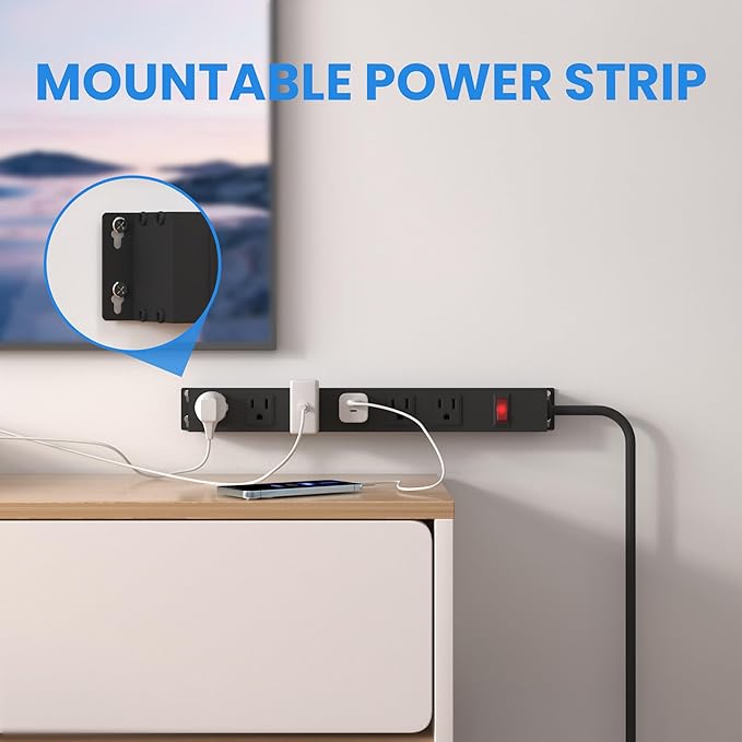 Power Strip with 6AC Outlets Wide Spaced and 14AWG Power Cord,Wall Mount Outlet Power Strip Heavy Duty for Commercial, Industrial, School and Home with Switch,15A 125V 1875W,Black (12FT)