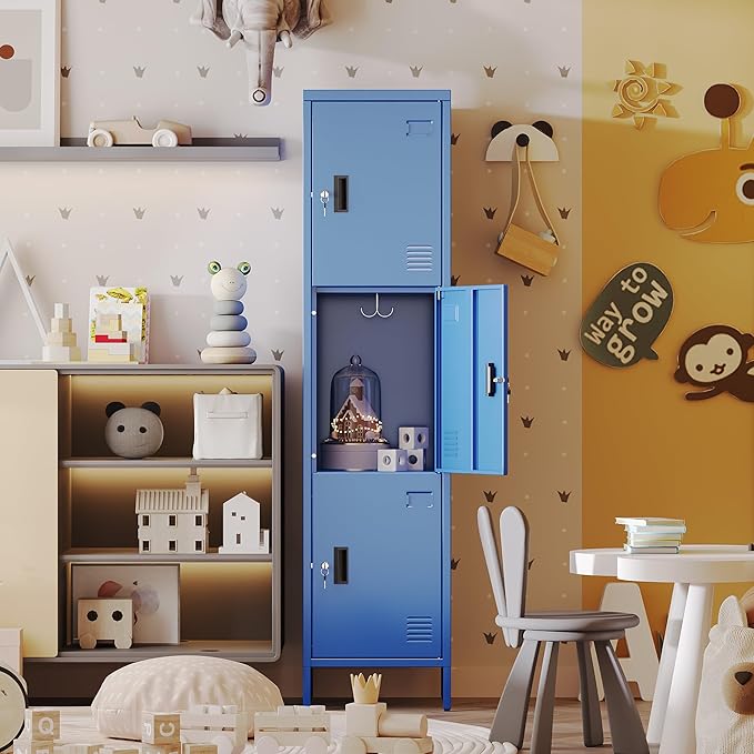 Aobabo 16" W 3 Door Metal Storage Locker with Lock, 66" H Steel Locker with Name Card Holder and Metal Leg for School, Home, Office, Playroom, Assembly Required, Blue