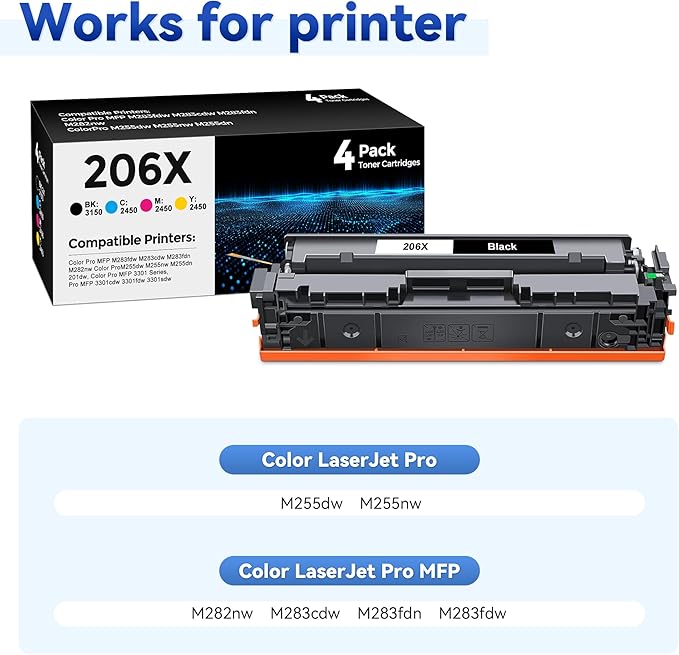 206X High Yield Toner Cartridge 4Pack Compatible with HP 206X 206A Toner Set for HP Color Laserjet Pro M255dw M255nw MFP M283fdw M283cdw M282nw M283fdn Ink（Black/Cyan/Yellow/Magenta