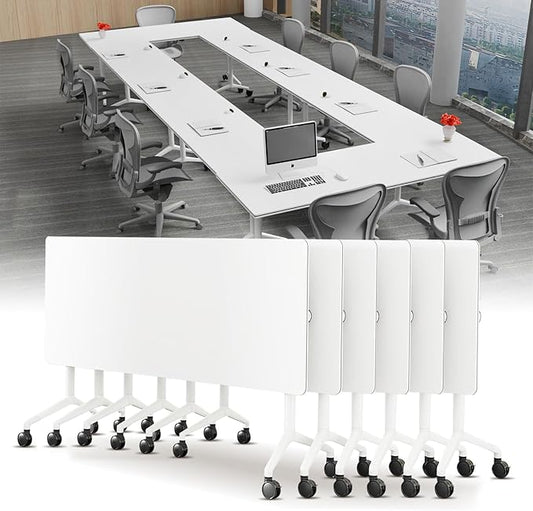 Conference Table, Folding Conference Desk Modern White, Seminar Table with Wheels, 2-10 People for Office, Meeting Break Room (6, 1915, 61IN)