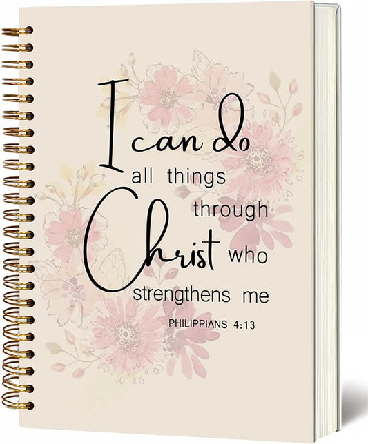 Bible Notebook, A5 Spiral Christian Journal with Pink Floral Notebook, Bible Verse-I Can Do All Things Through Christ Who Strengthens Me, Inspirational Notebooks for Women, Gift for Birthday Christmas