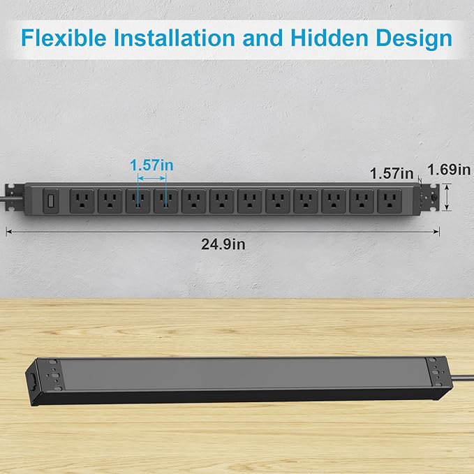 HHSOET 360° Rotating 12 Outlet Mountable Power Strip, Metal Gaming Table Mounted Outlet Strip, Heavy Duty Wall Mount Surge Protector with Switch, Works Great and Very Versatile, 6ft Power Cord.Black
