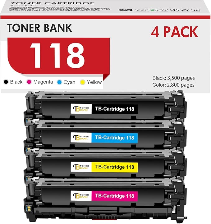 118 Toner Cartridges Compatible Replacement for Canon 118 CRG118 CRG-118 Toner for ImageCLASS MF8580Cdw MF8380Cdw MF8350Cdn MF726Cdw LBP7660Cdn LBP7200CDN MF729CDW Printer (Black Cyan Magenta Yellow)