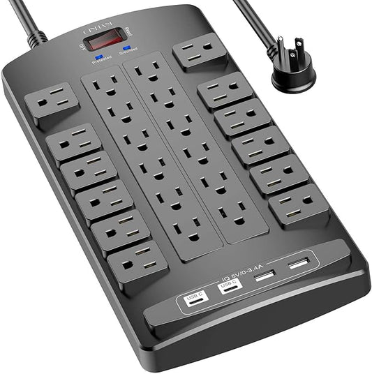 QINLIANF Surge Protector Power Strip - 6Ft Flat Plug Heavy Duty Extension Cord with 24 Outlets and 4 USB Ports(2 USB-C Ports), 1875W/15A, 4100J, for Home, Office, Dorm, ETL Listed, Black