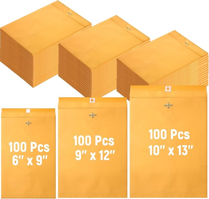 Ctosree 300 Pcs Manilla Envelopes Clasp Envelopes Bulk Brown Kraft Catalog Letter with Clasp Closure and Gummed Seal 28lb Heavyweight Paper (6 x 9 Inch,9 x 12 Inch,10 x 13 Inch)