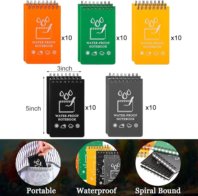 50 Pcs Waterproof Notebook Bulk, 5 x 3 Inch Pocket Notepad Top Spiral Memo All Weather Police Notebook Tactical Journal Writing Note Pad for Outdoor Activities Recording, Black Gray Blue Yellow Orange