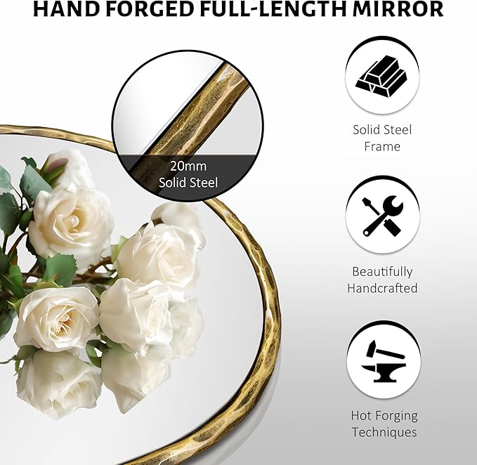 BEGINS 65" x 22" Hand-Forged Vintage Arched Full-Length Mirror - Standalone or Wall-Leaning Design, 20mm Solid Steel Frame, 9mm Anti-Corrosion Back Panel, Suitable for Bedroom or Cloakroom