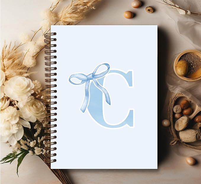 Initial C Notebook Journal,Personalized Teen Girl Gifts,Coquette Trendy Preppy Blue Bow Spiral Notebook,Monogrammed Gifts for Women Teen Girl,College Ruled Hardcover Spiral Notebook 5.5 x 8.3