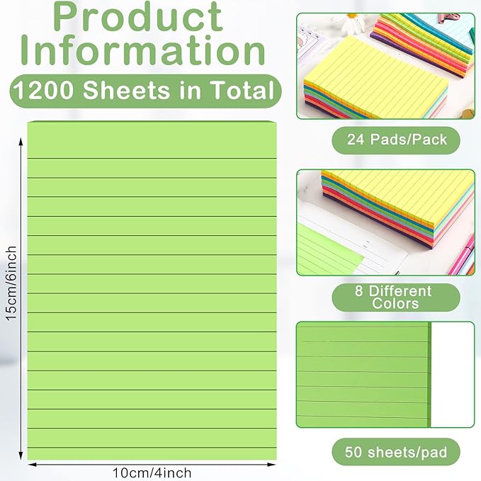 24 Pack Lined Sticky Notes 4 x 6 Inch Colorful Sticky Note Pads with Lines Bright Ruled Self Sticky Notes Memo Pad for Office Home Supplies, 50 Sheets per Pad, 1200 Sheets, 8 Colors