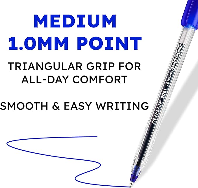 Blue Ballpoint Pens,1.0 mm Medium Point, Blue Pens, Ergonomic Triangle Grip, 50-Count Pack of Bulk Pens