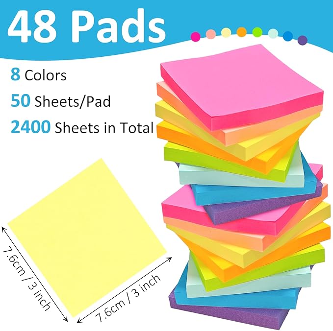 48 Pack 2400 Sheets Sticky Notes 3x3 Inches Bulk Colored Posted Notes 8 Colors Notes Stickies Note Pads for Office, School, and Home Supplies, 50 Sheets/pad