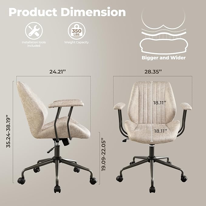 ovios Ergonomic Home Office Chair, Mid-Century Modern Faux Leather Chairs with Padded Armrests, Comfy Mid Back Swivel Rolling Executive Computer Armchair (Beige, Suede Leather)