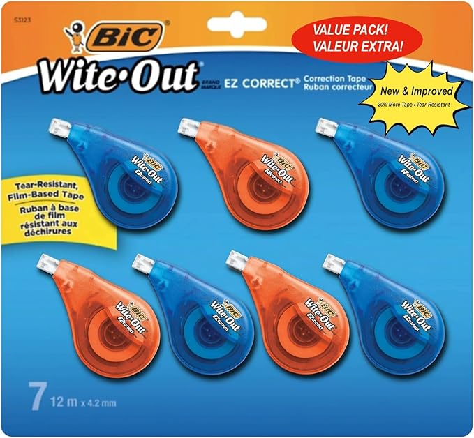 BIC White Out Tape- Tear Resistant, Clear Dispenser EZ Correct Correction Tape - 39.3 Feet Each - Pack of 7