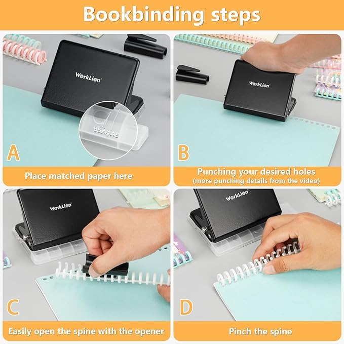 Binding Machine for Planner： WORKLION Metal 10 Hole Punch&Multi Color 30 Hole Loose Leaf Binder Rings(10 pcs) for Making 26 Holes on B5 Paper, 30 Holes on A4, 20 Holes on A5 Book, Black