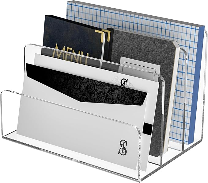 Acrylic File Holder 3 Compartment, Clear Desk File Organizer, Office Magazine File Folder Organizer Desktop for Calculate, Books