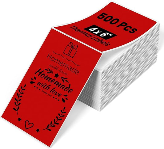 Phomemo 4x6 Thermal Label Printer Paper - 500 PCS Red 4"x6" Fan-Fold Shipping Supplies Labels - Water/Oilproof Label Stickers - Permanent Adhesive 4x6 Mailing Labels Paper for Thermal Printer
