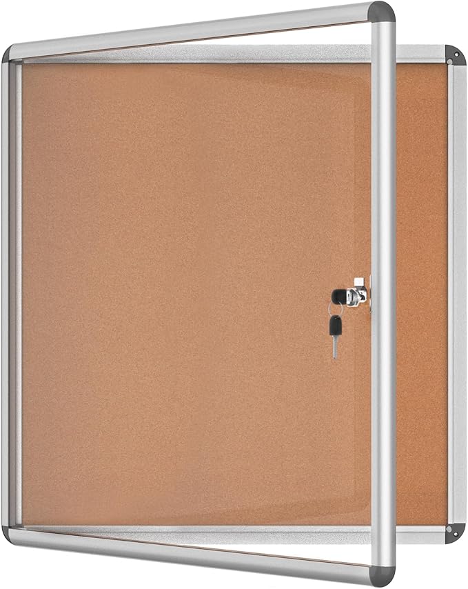28"x26" Enclosed Bulletin Board, Lockable Weather-Resistant Aluminum Cork Noticeboard for School & Office, Silver Frame w/Cork
