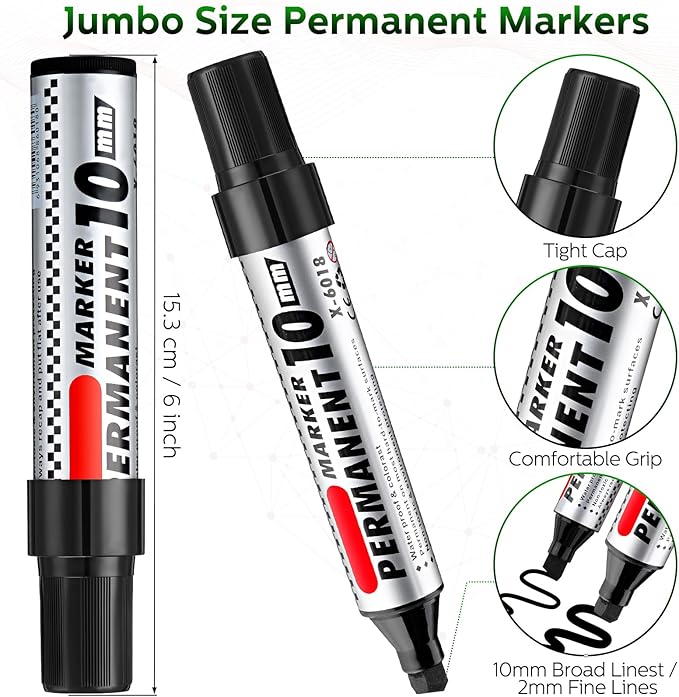 Thenshop 48 Pcs Jumbo Size Permanent Markers Bulk Waterproof Chisel Tip Marker Pens for Industrial Use Work on Wood Metal Plastic Stone Glass(Black, Blue, Green, Red)