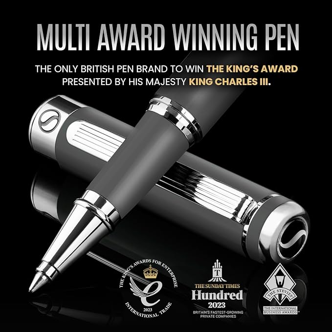 Scriveiner Dark Grey Rollerball Pen - Stunning Luxury Pen With Chrome Finish, Schmidt Ink Refill, Best Roller Ball Gift Set for Men & Women, Professional, Executive Office, Nice Pens