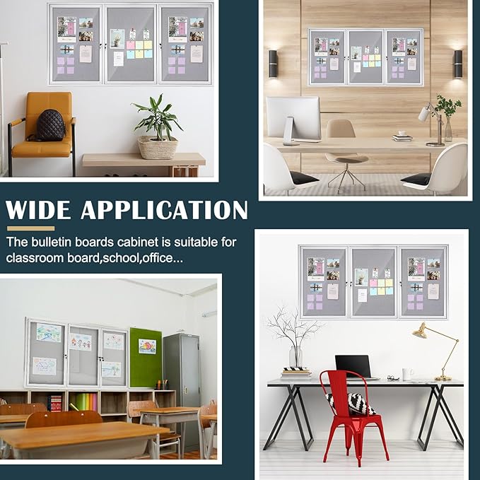 72" x 36" Enclosed Bulletin Board Outdoor 3 Door Weatherproof Tamper-Proof Enclosed Cork Board with Lock Aluminum Frame Display Case for Back to School, Office Commercial, 18xA4(Gray)