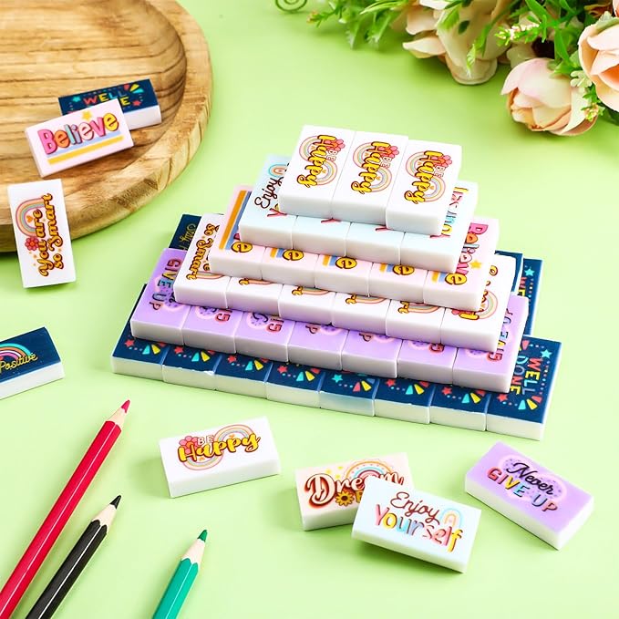100 Pcs Inspirational Pencil Erasers Bulk for Kids Fun Motivational Eraser School Supplies Back to School Office Supplies for Classroom Office Teacher Artists (Boho)