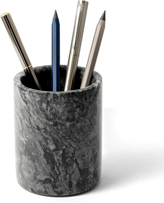 WORHE Pen Holder Stand Italy Natural Premium True Marble Makeup Brush Holders, Tableware Organizer Desk Pencil Cup for Home Office School Decor Dark Grey (DL012)