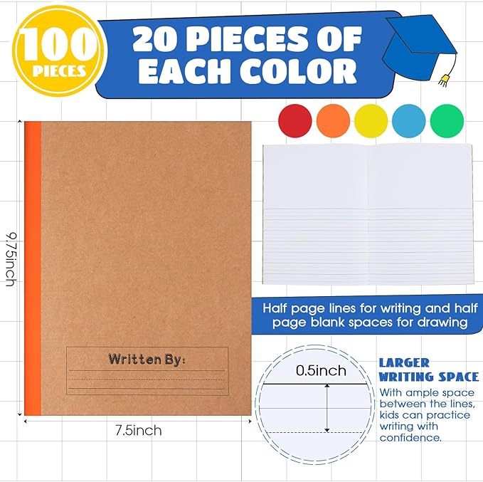 Henoyso 100 Pcs Primary Composition Notebook for Kids 9.75 x 7.5 Inch K-2 Primary Writing Journal with Rainbow Spine 60 Pages Draw and White Journal for Student Back to School Supplies