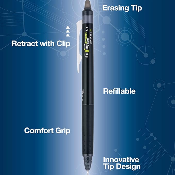 Pilot, FriXion Synergy Clicker Erasable, Refillable, Retractable Gel Ink Pens, Extra Fine Point 0.5 mm, Pack of 3, Black, Blue & Red