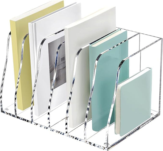 SANRUI Acrylic Magazine File Holder, 6 Vertical Compartments Desk Document Sorter Organizer, Clear Folder Rack Binder Bookstore Workspace Sorters for Office Accessories Organization Storage