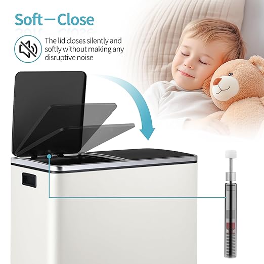 16 Gallon Rectangular Stainless Steel Trash Can, Dual Compartment Garbage Bin with Recycling Combo, Metal Dustbin Lid, Removable Liner, Indoor Hands Free Waste Bucket for Kitchen Home