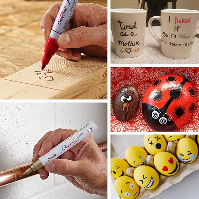 Overseas Permanent Paint Markers Pens - 3 Pack Silver Oil Based Paint Pens, Medium Tip, Quick Drying and Waterproof Marker Pen for Metal, Rock, Wood, Fabric, Plastic, Canvas, Mugs, Stone, Glass