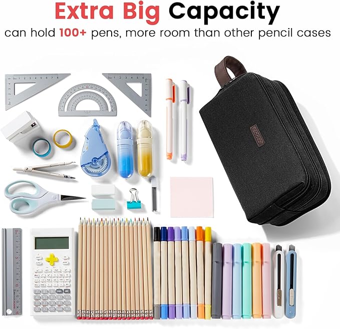 Sooez Large Pencil Case Pouch, Extra Big Pencil Pouch Pencil Bag with PU Handle & Zipper, Sturdy Pen Case with 3 Compartments, Aesthetic School College Supplies Organizer for Men Women Boys, Gray