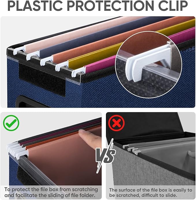 BALEINE File Organizer Box with Lid, Collapsible File Folder Organizer with Plastic Slide, Hanging File Folder Box for Office Document Storage (2 Pack, Blue, S)