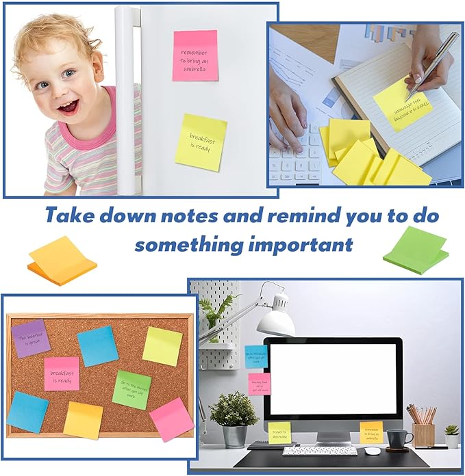 Leinuosen 48 Pack Sticky Notes 3 x 3 Inches Cute Sticky Notes Bright Colors Self Stick Pads Memo Easy to Post for Home Desk Office Notebook, Message Reminder, Stationary Supplies Office Supplies