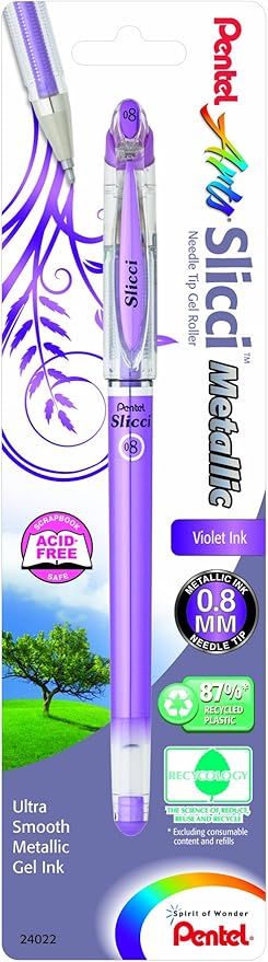 Pentel Arts Slicci Metallic 0.8 mm Needle Tip Gel Pen, Metallic Violet Ink, 1 Pack (BG208BPMV)