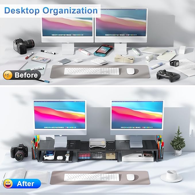 gianotter Computer Dual Monitor Stand Riser For Desk, Desk Organizers And Accessories With Drawer And 2 Pen Holder For Office, Home, School Supplies (Black)